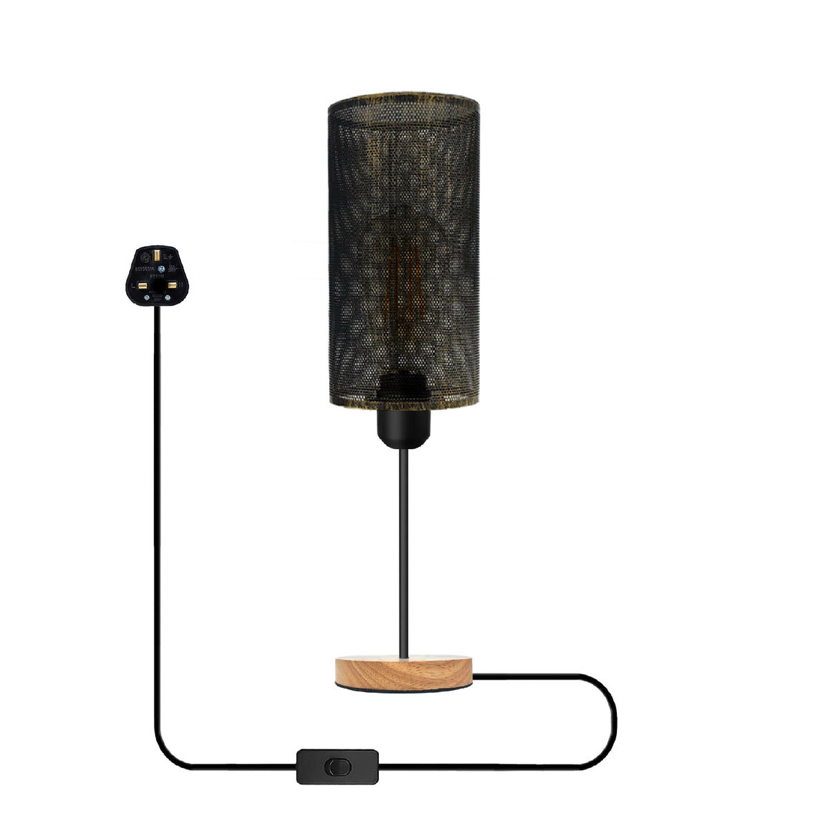 Industrial Wire Cage Table Lamp with Wooden Base E27 Plug-In~5351-9