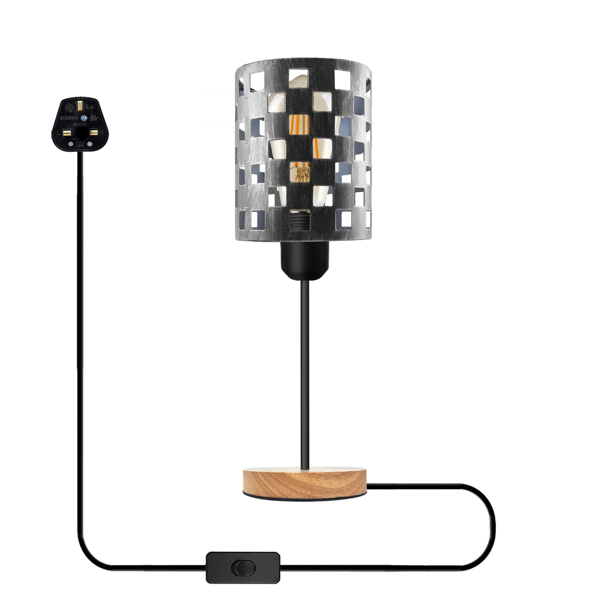 Industrial Bulb Guard Cage Table Lamp Wooden Base E27 Plug-In~5348-8