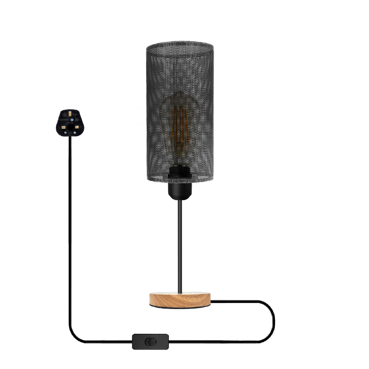 Industrial Wire Cage Table Lamp with Wooden Base E27 Plug-In~5351-6