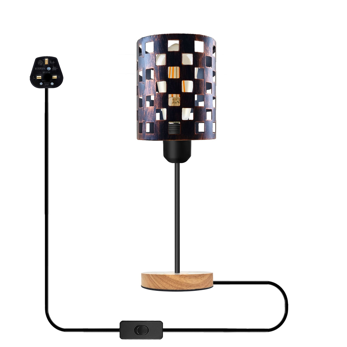 Industrial Bulb Guard Cage Table Lamp Wooden Base E27 Plug-In~5348-0