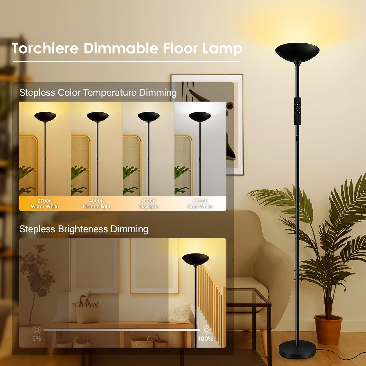 Stepless Dimmable Floor Lamp 71In Black 2700K6500K-2