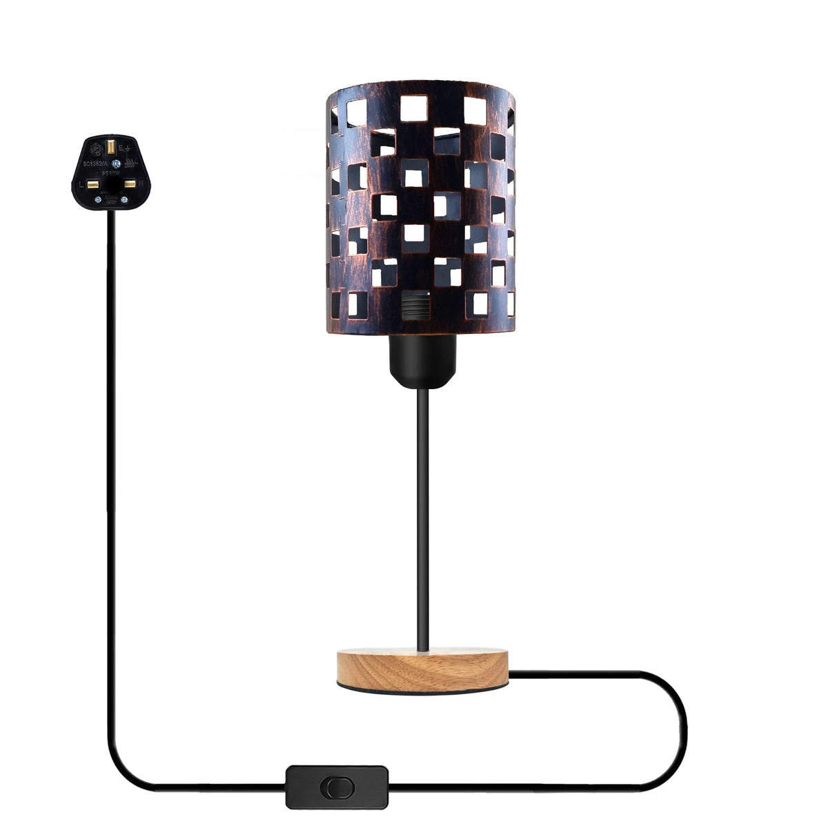 Industrial Bulb Guard Cage Table Lamp Wooden Base E27 Plug-In~5348-7