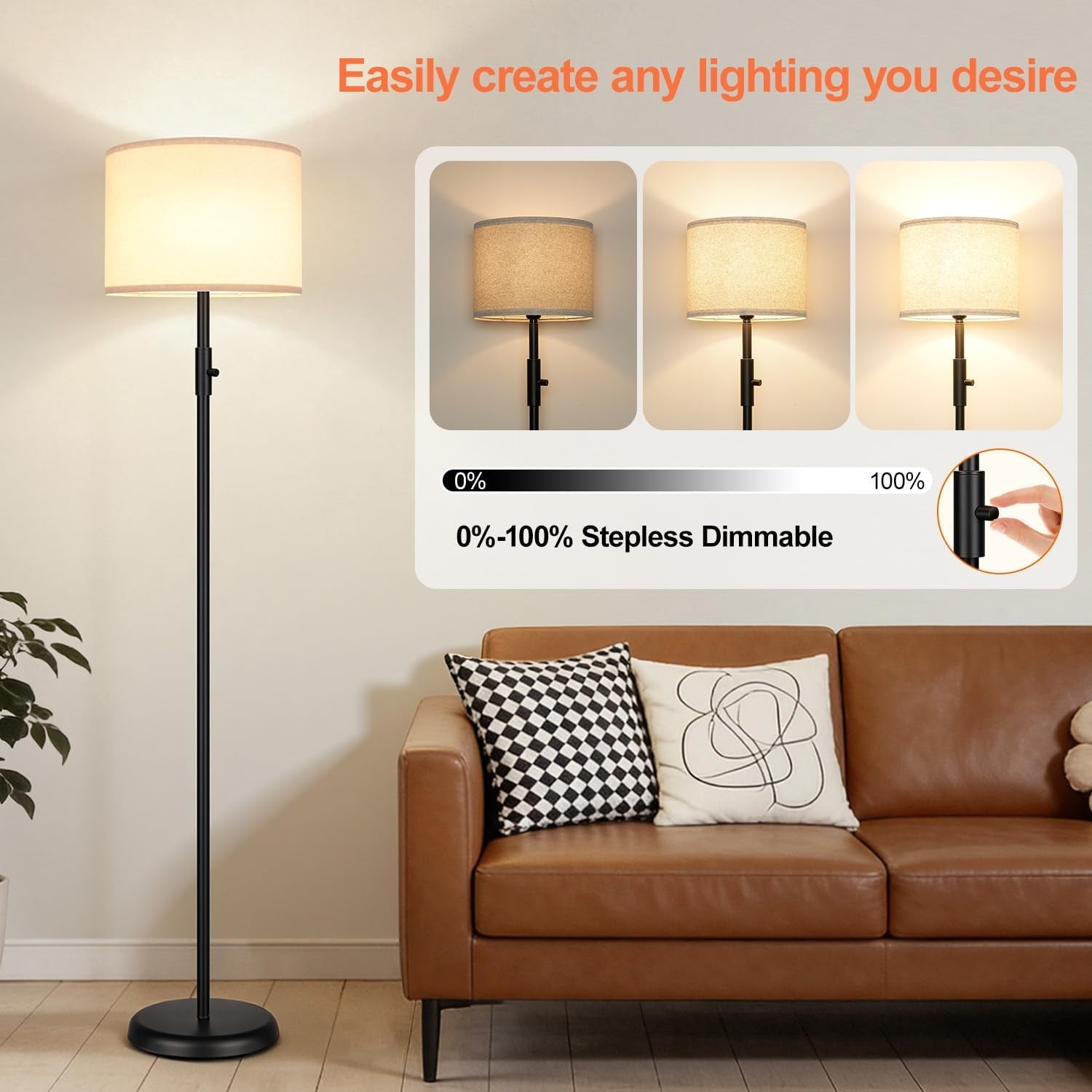 Black Dimmable Tall Floor Lamp 1000Lumens Linen Shade-2