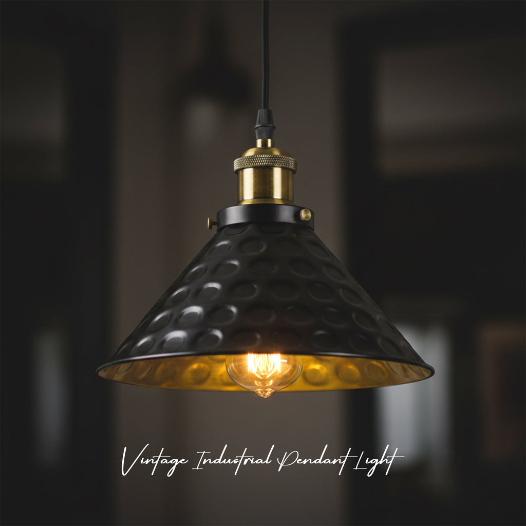  Vintage Black & Gold Hammered Metal Pendant Light  ~6635-4