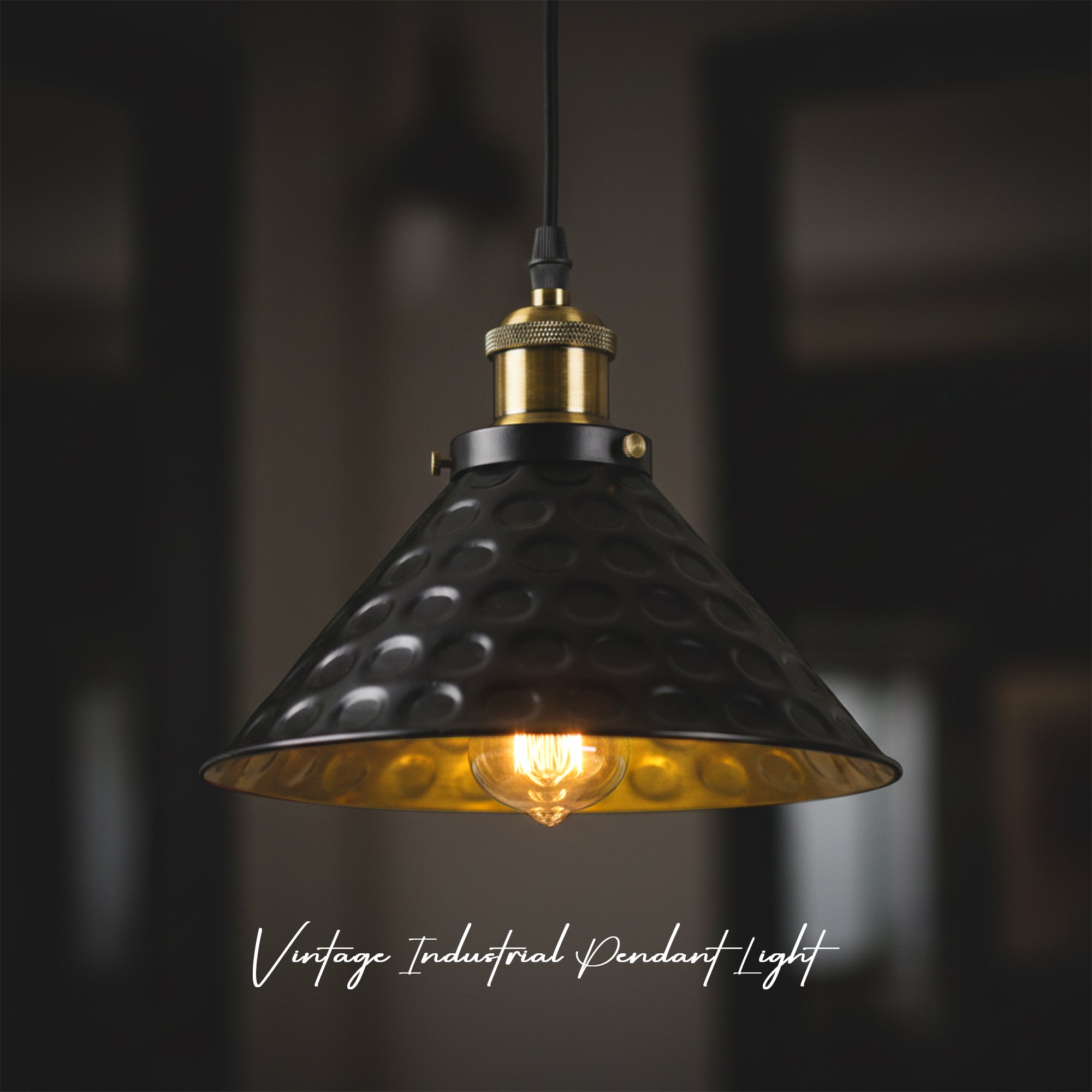  Vintage Black & Gold Hammered Metal Pendant Light  ~6635-4