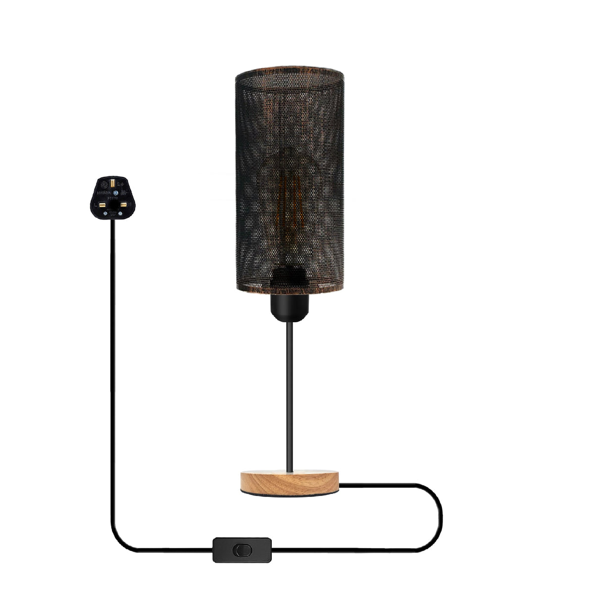 Industrial Wire Cage Table Lamp with Wooden Base E27 Plug-In~5351-8