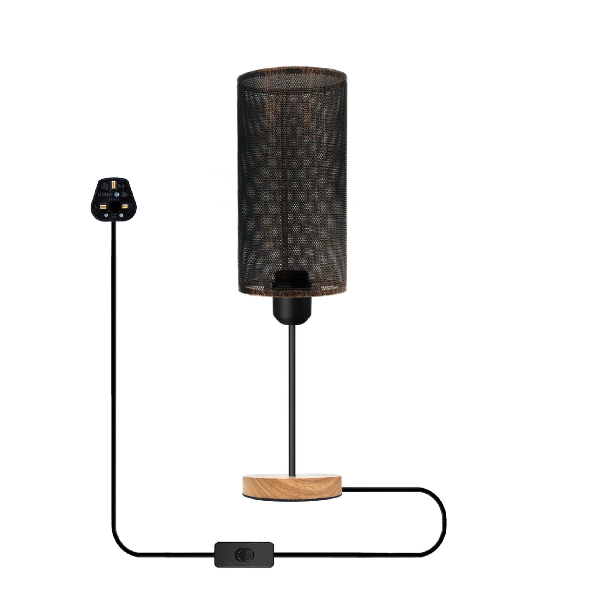 Industrial Wire Cage Table Lamp with Wooden Base E27 Plug-In~5351-5