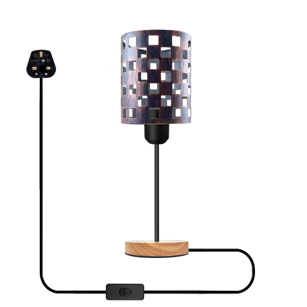 Industrial Bulb Guard Cage Table Lamp Wooden Base E27 Plug-In~5348-10