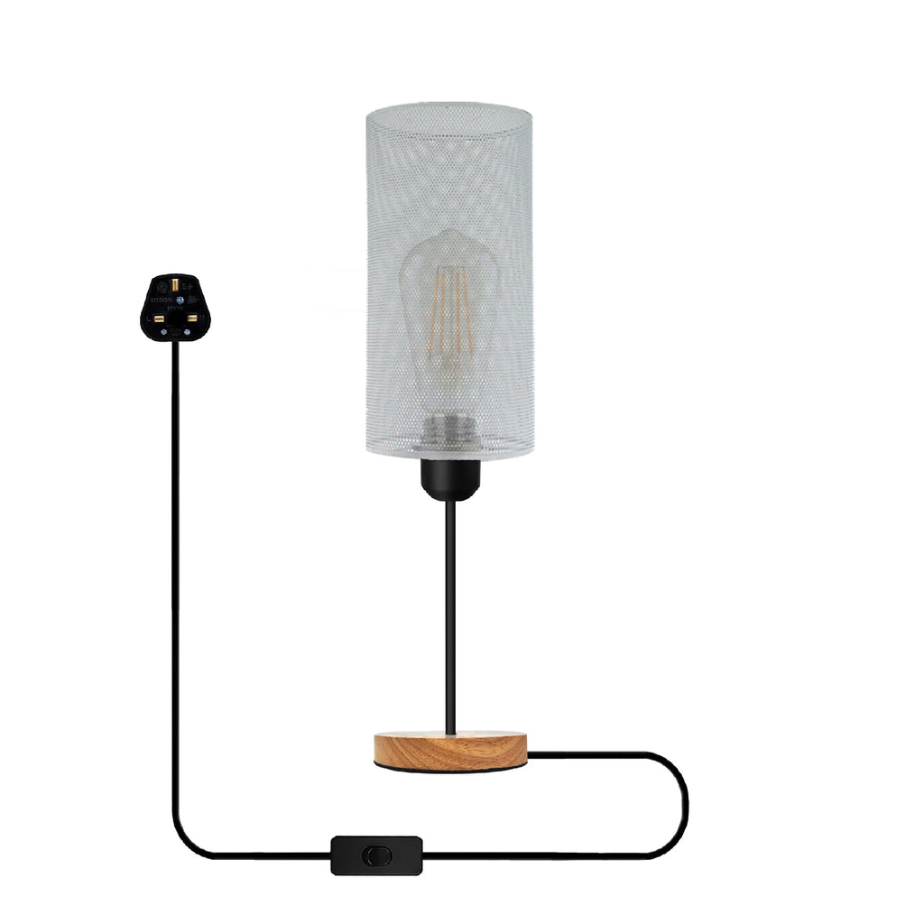 Industrial Wire Cage Table Lamp with Wooden Base E27 Plug-In~5351-4