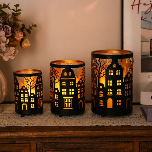 12PCS Village Silhouette Candle Lantern 7.5" H Etched Bronze Metal Candle Holder Decorations for Living Room Tabletop Parties Patio Entryway Indoors Outdoors-1