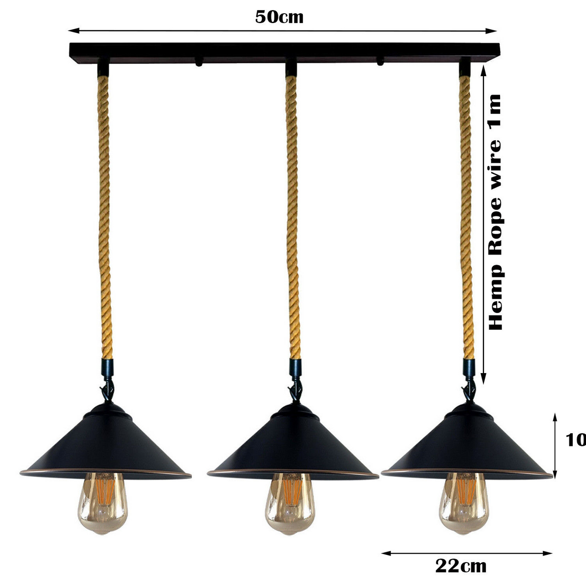 Vintage Retro Industrial Loft Cone Hemp rope 3 head Pendant Light Retro Lamp~3786-3