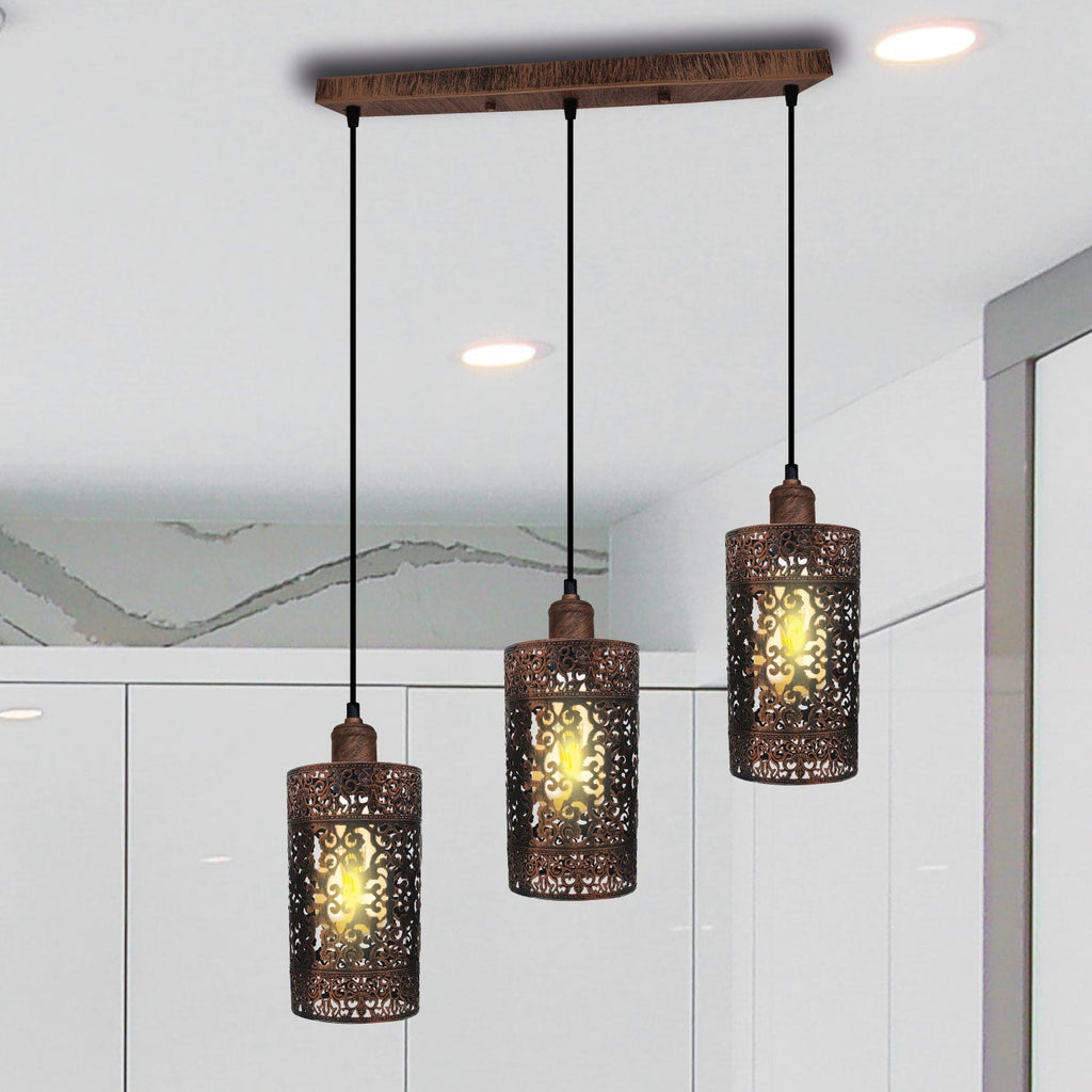 Industrial Vintage Retro 3 Way Rectangle Drum Cylinder Rustic Red Cage Pendant Light~4013