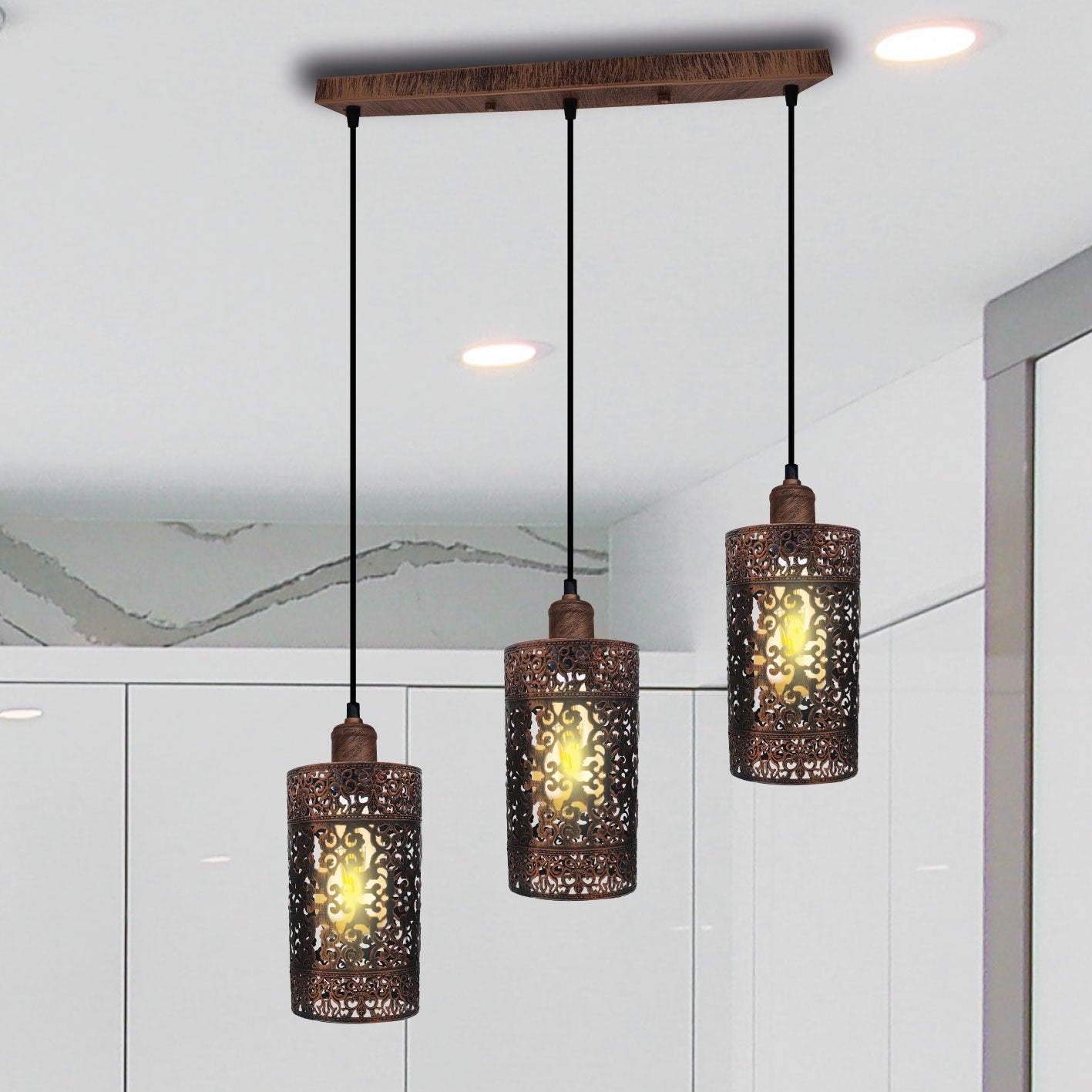 Industrial Vintage Retro 3 Way Rectangle Drum Cylinder Rustic Red Cage Pendant Light~4013