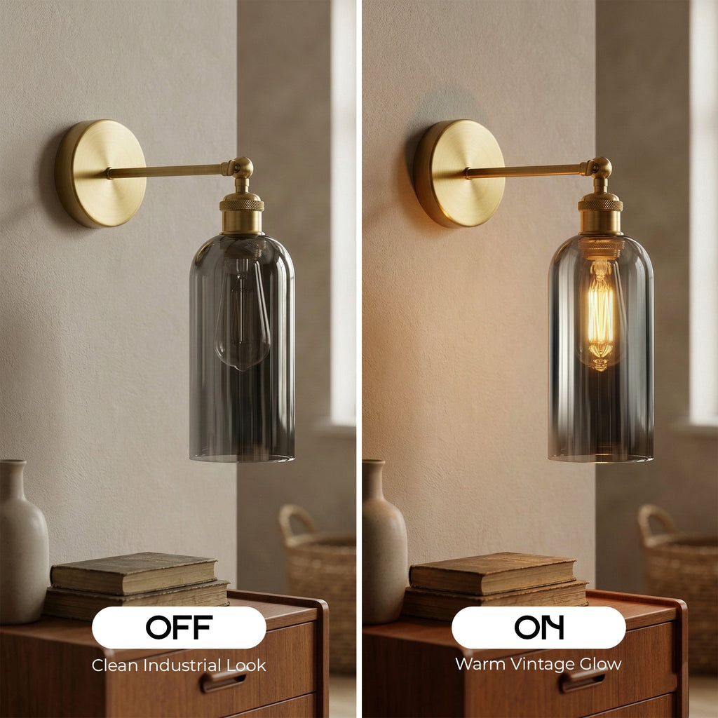 Adjustable Vintage Brass Wall Sconce Smoked Grey Glass Wall Lamp ~6718-1