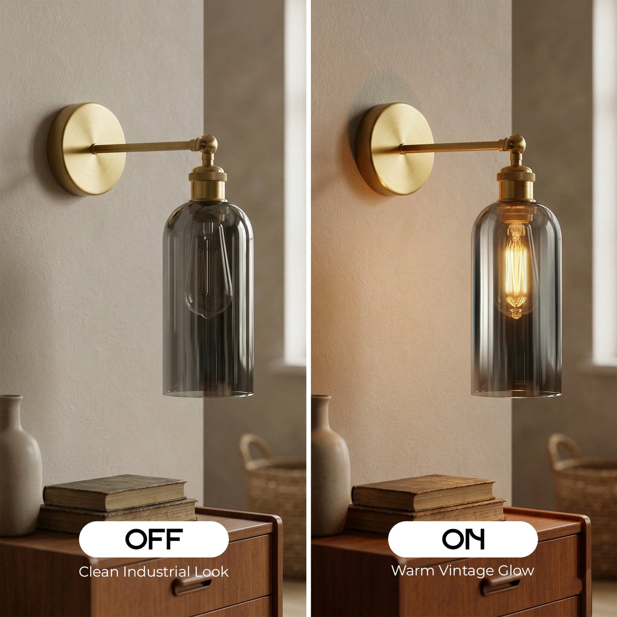Adjustable Vintage Brass Wall Sconce Smoked Grey Glass Wall Lamp ~6718-1