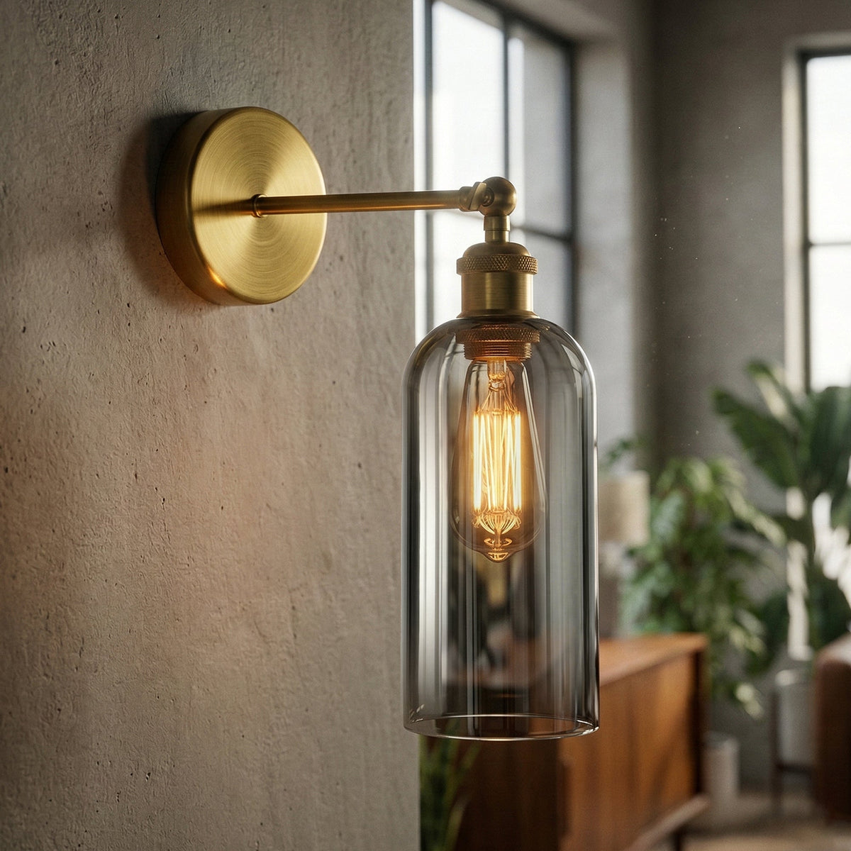 Adjustable Vintage Brass Wall Sconce Smoked Grey Glass Wall Lamp ~6718-0