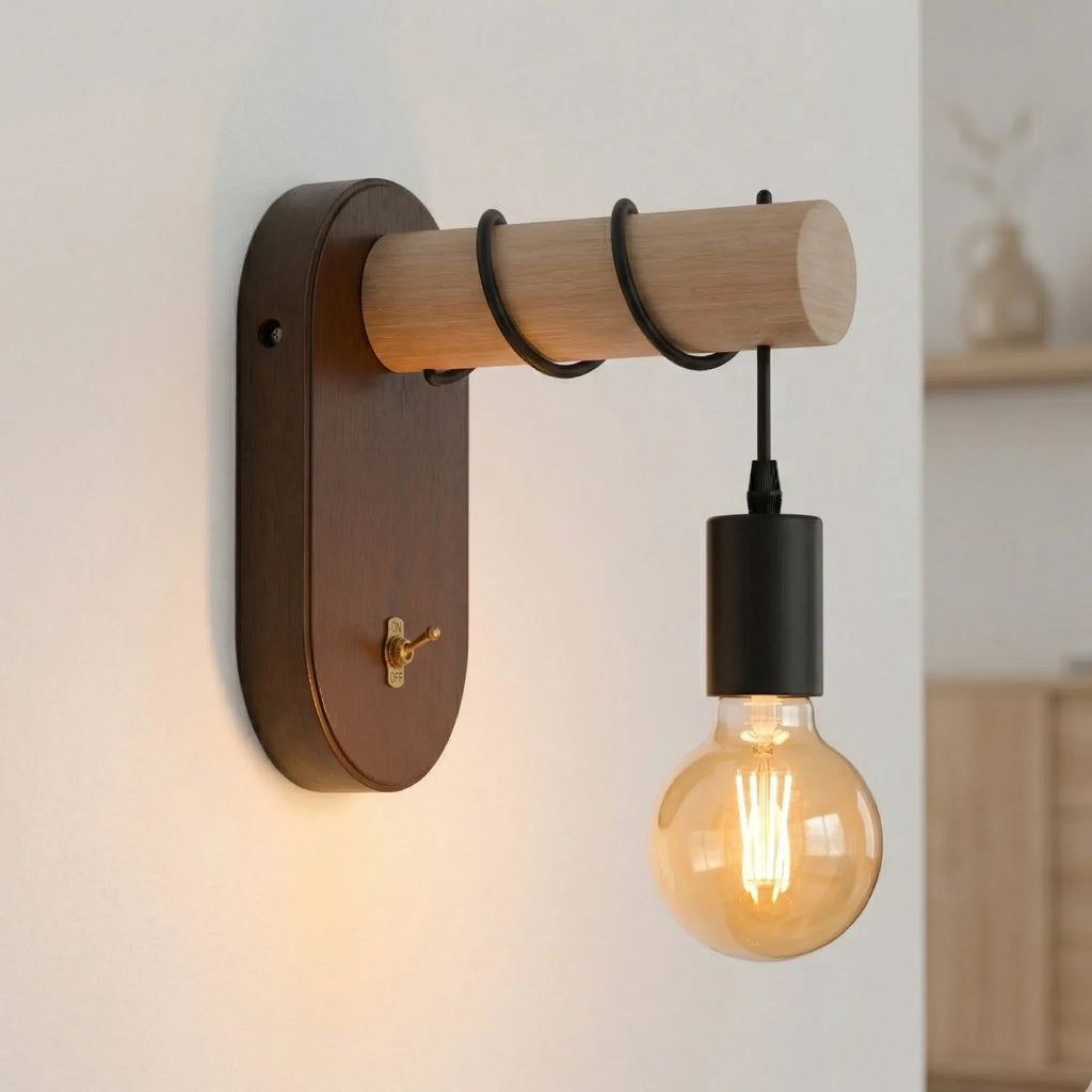 Industrial Wooden Wall Light with E27 Bulb & Toggle ~6767-0