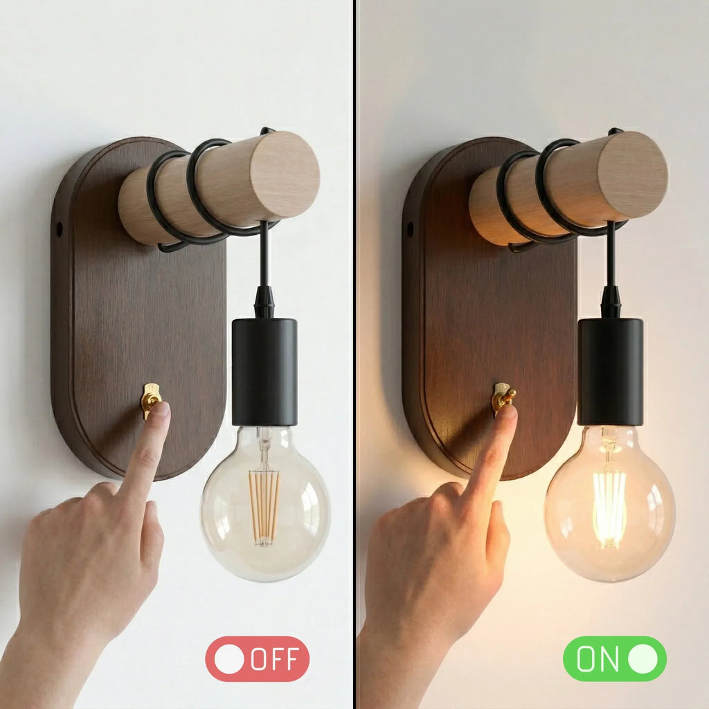 Industrial Wooden Wall Light with E27 Bulb & Toggle ~6767-2