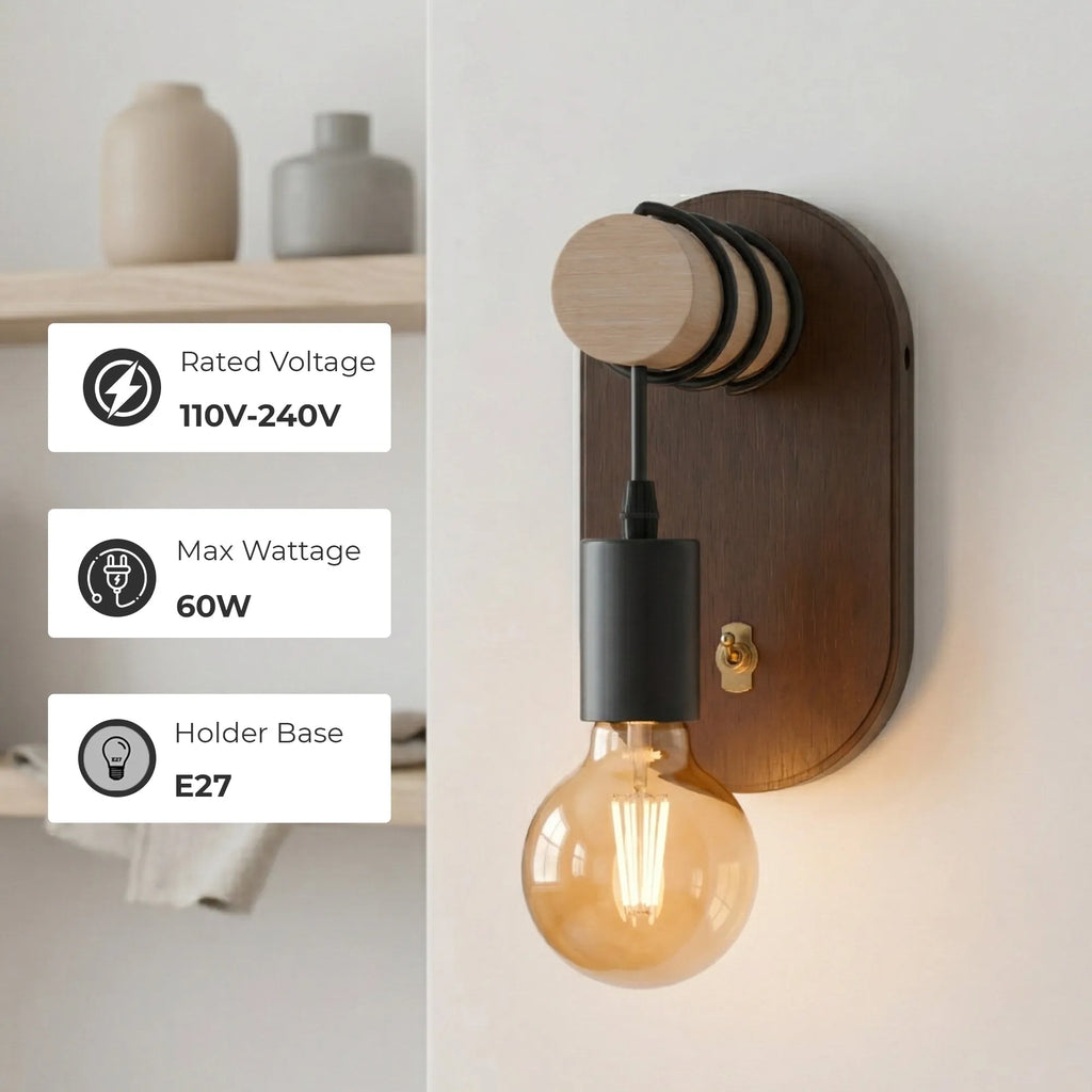 Industrial Wooden Wall Light with E27 Bulb & Toggle ~6767-1