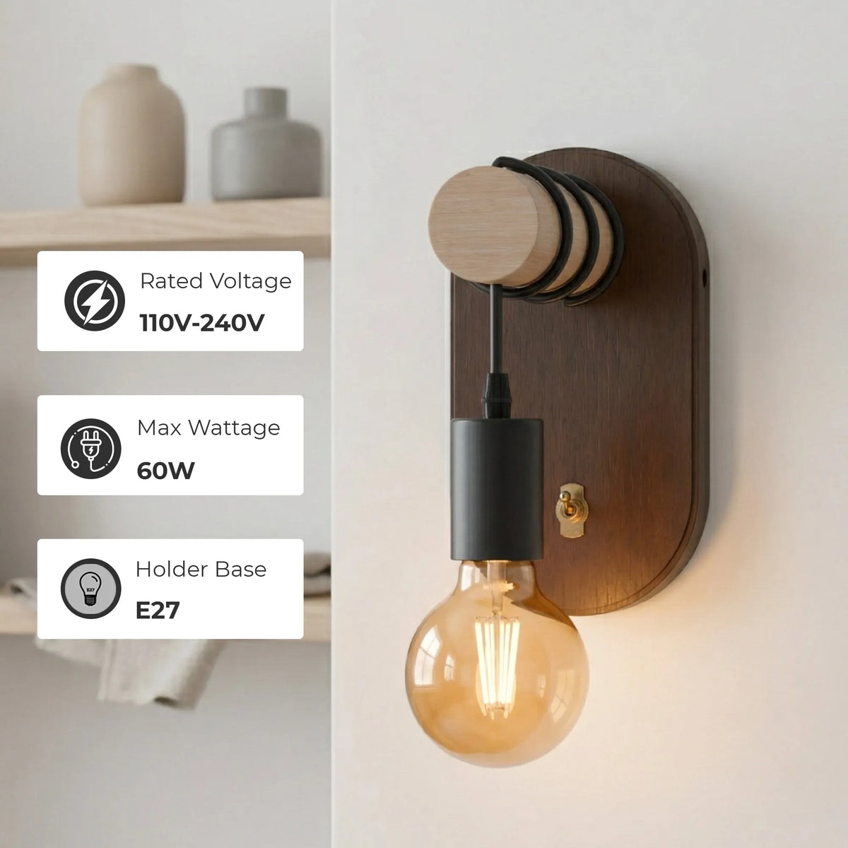 Industrial Wooden Wall Light with E27 Bulb & Toggle ~6767-1