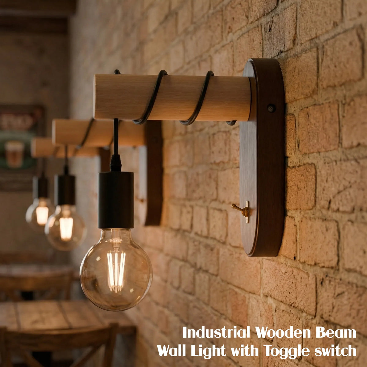 Industrial Wooden Wall Light with E27 Bulb & Toggle ~6767-4
