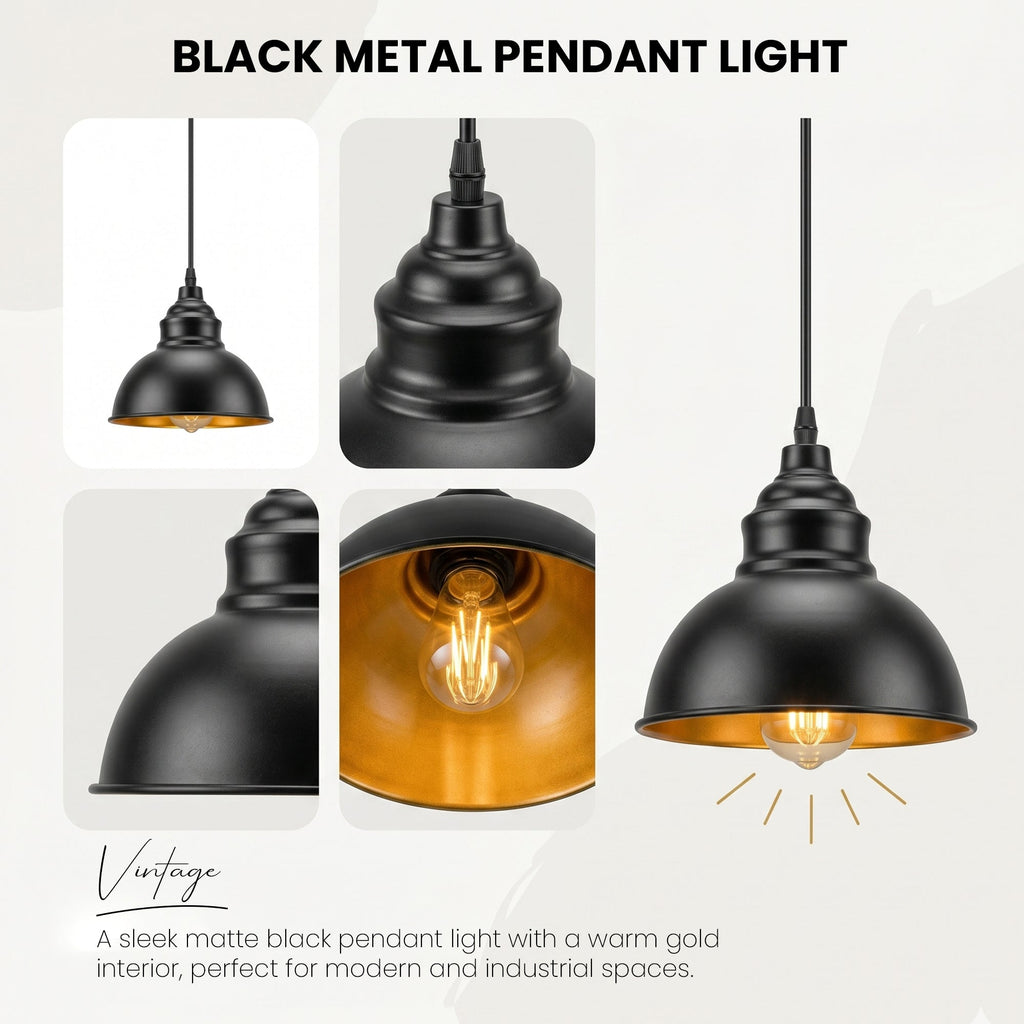 Industrial Black Pendant Light E27 Gold Inner Shade ~6789-3