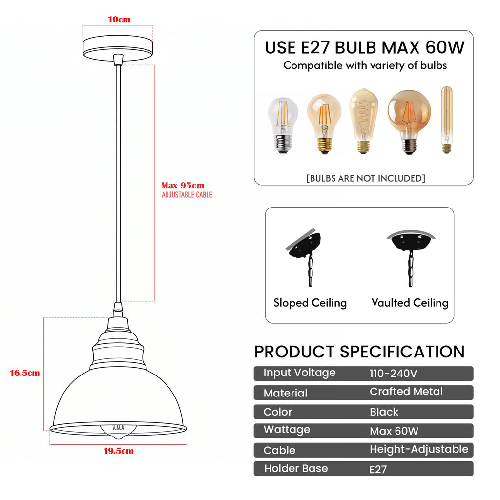 Industrial Black Pendant Light E27 Gold Inner Shade ~6789-1