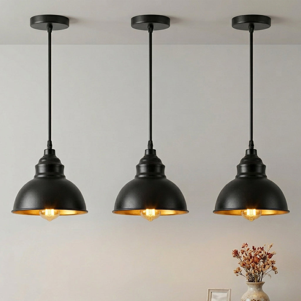 Industrial Black Pendant Light E27 Gold Inner Shade ~6789-0