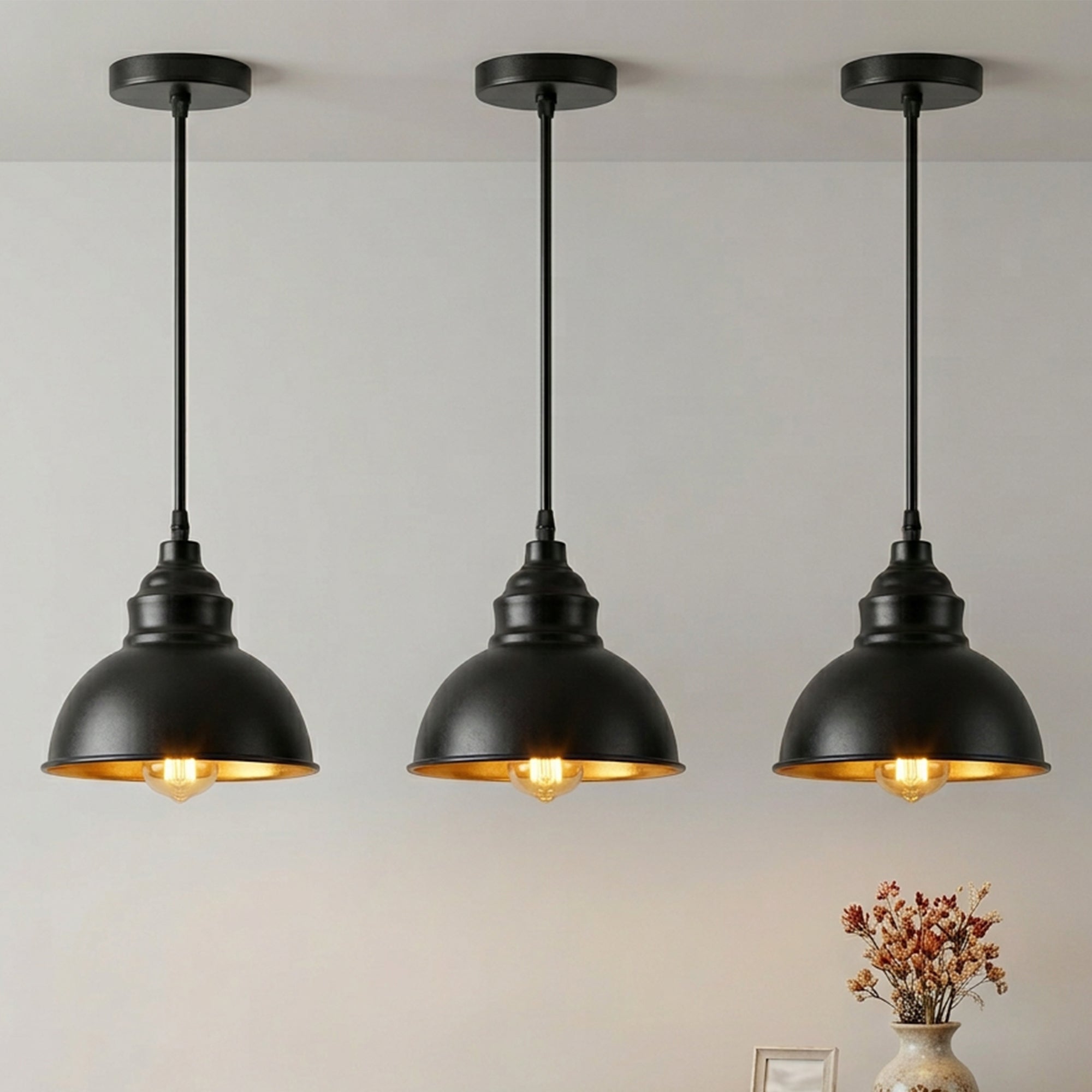 Industrial Black Pendant Light E27 Gold Inner Shade ~6789-0