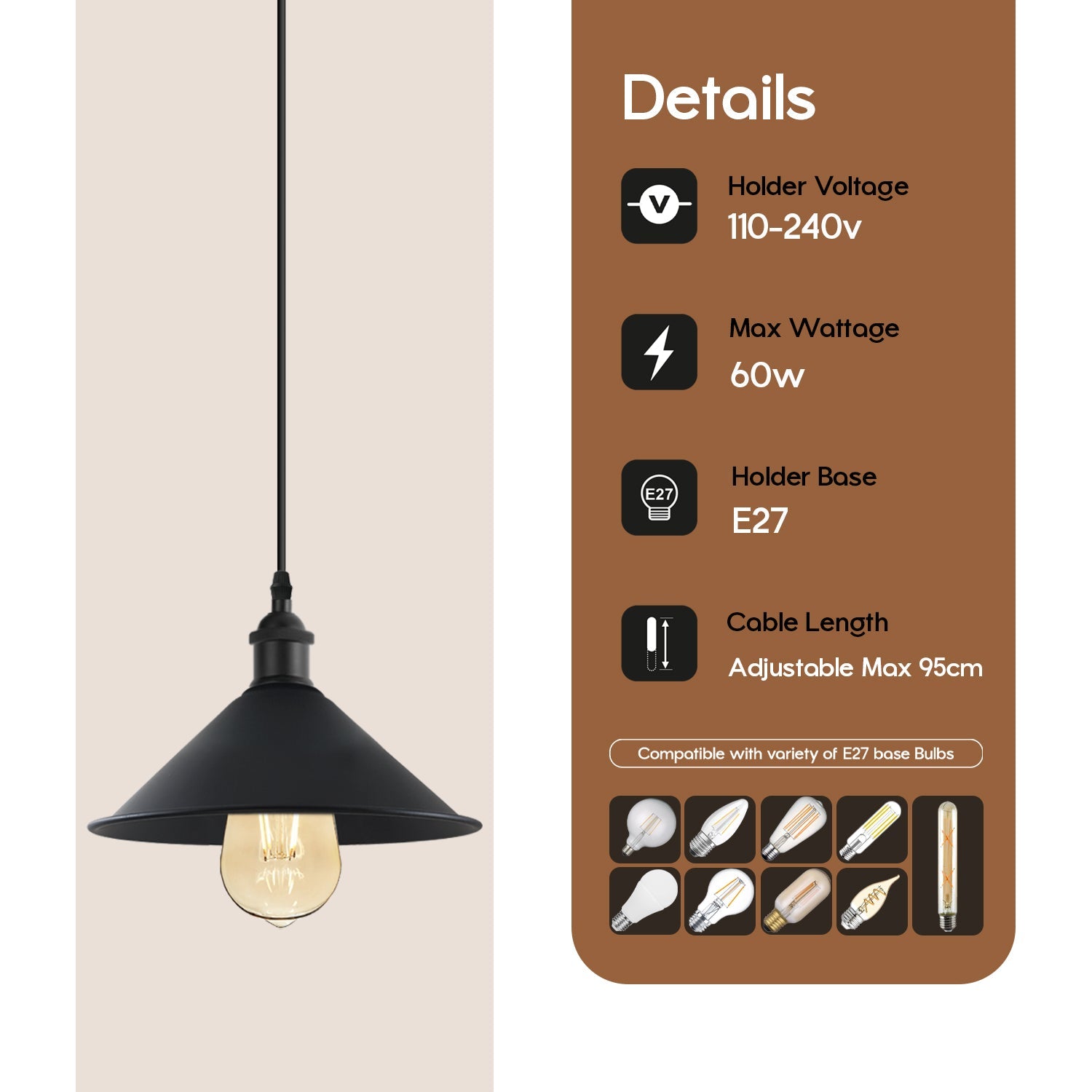 Black Metal Cone Shade Pendant Light Fixture~3393-1