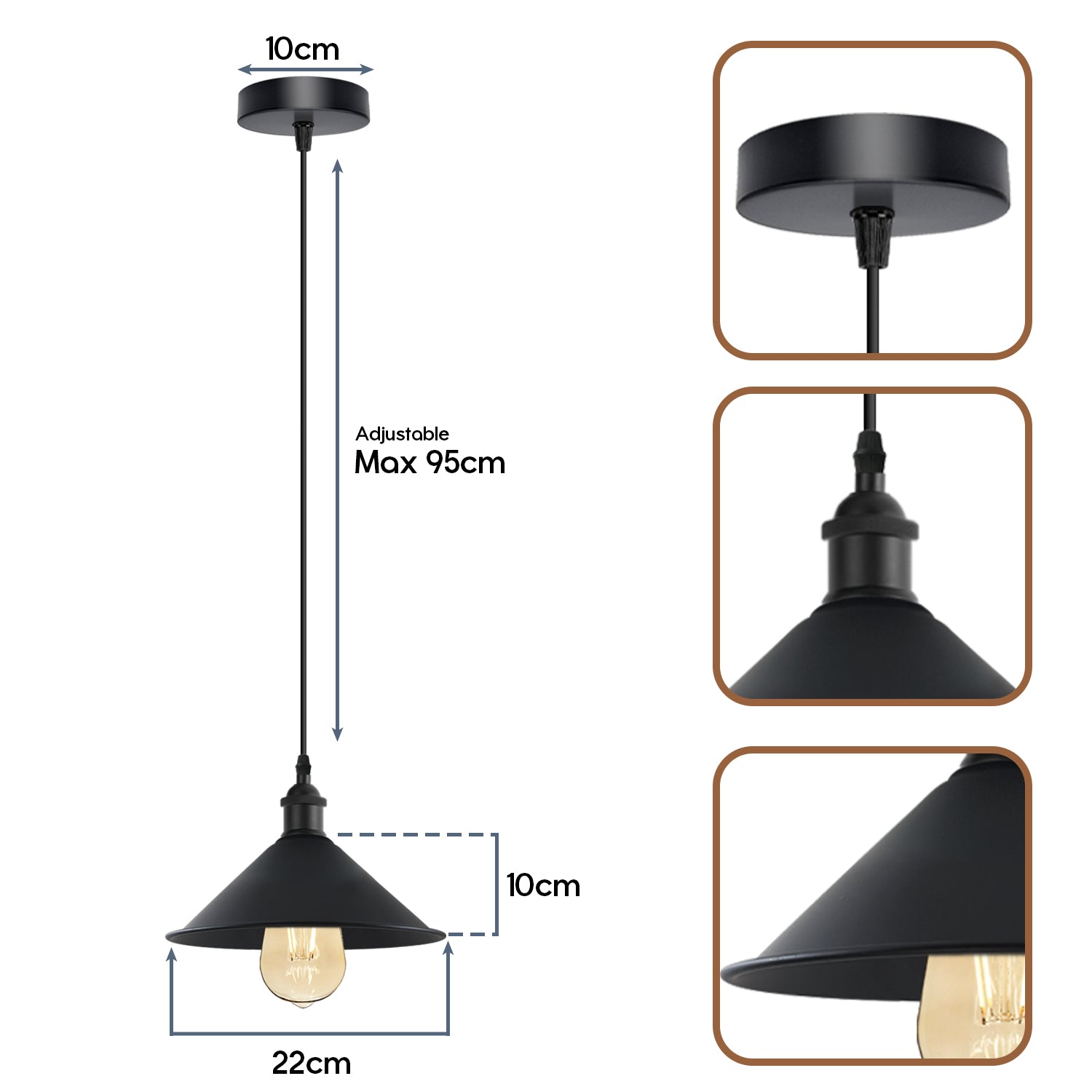 Black Metal Cone Shade Pendant Light Fixture~3393-4