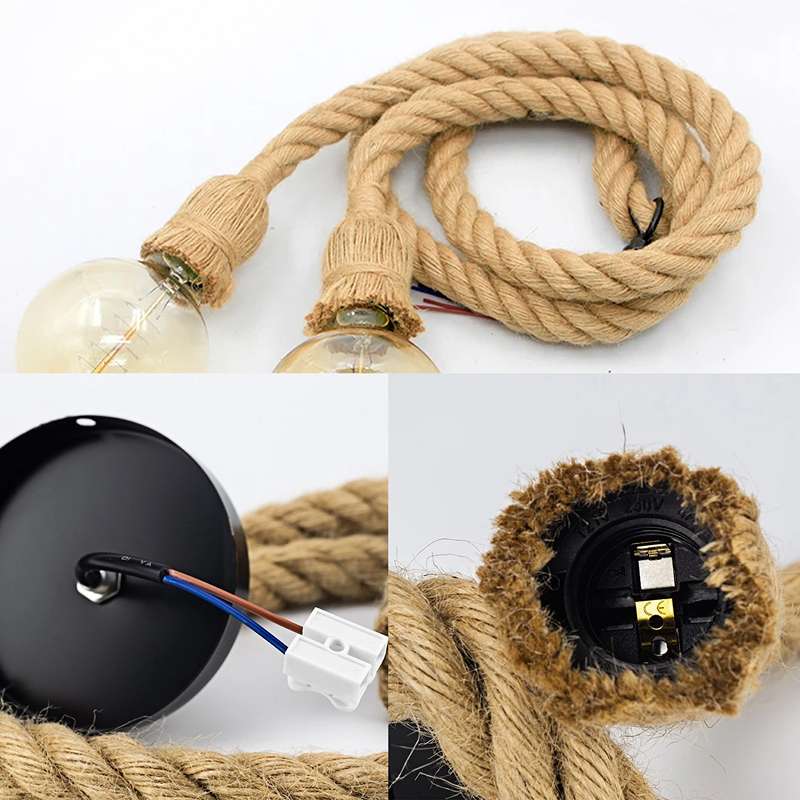 Double Head Hemp Rope Pendant Light 2m Vintage Nautical 2 Light Fitting ~4736-3