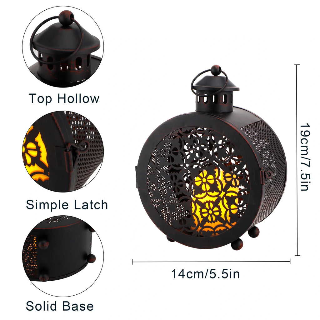 Set of 2 Round Vintage Metal Candle Lanterns 7.5" H-1