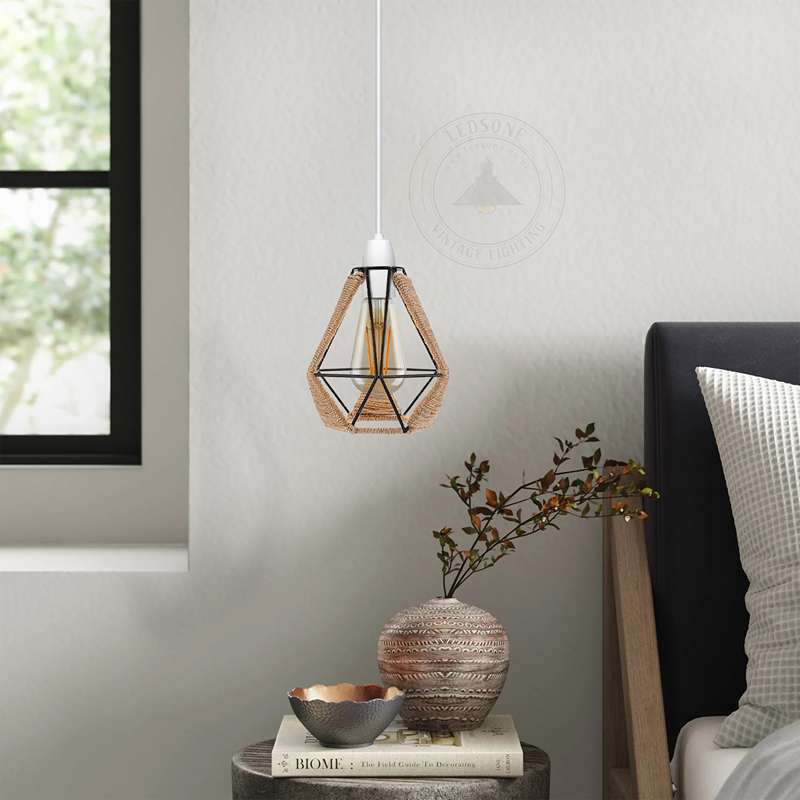 Diamond Shape Geometric Metal Cage Lampshade with Hemp Rope Detail ~4584-1