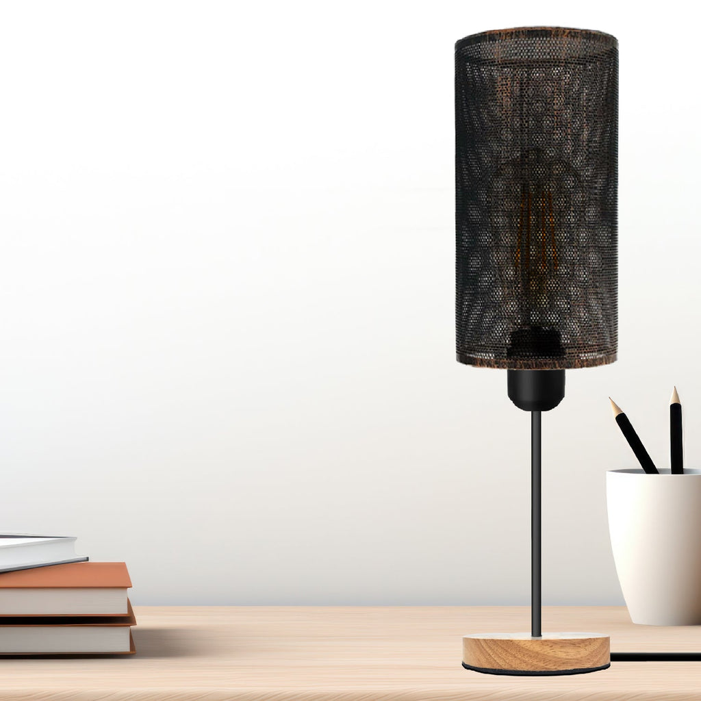 Industrial Wire Cage Table Lamp with Wooden Base E27 Plug-In~5351-0