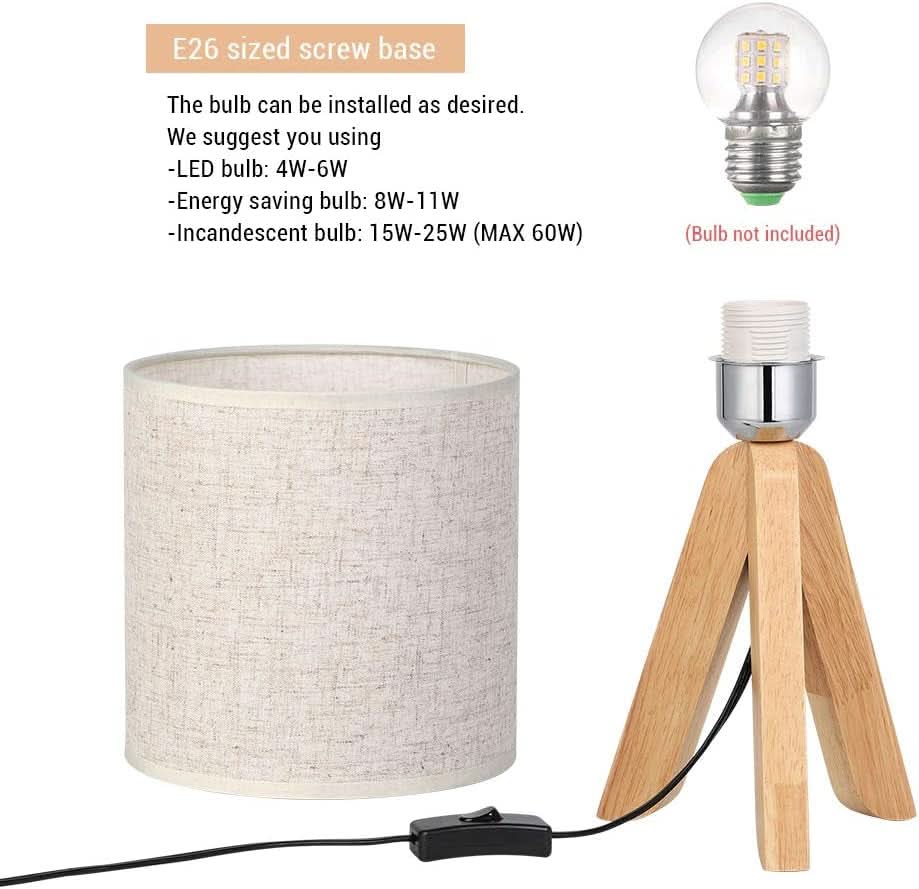 Wooden Tripod Bedside Table Lamp Linen Fabric Shade 13.4 Inch-2
