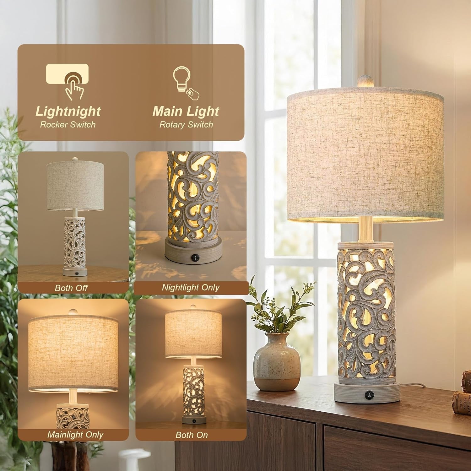 22 Inch Farmhouse Bedside Lamps with USB Night Light Set of 2-2