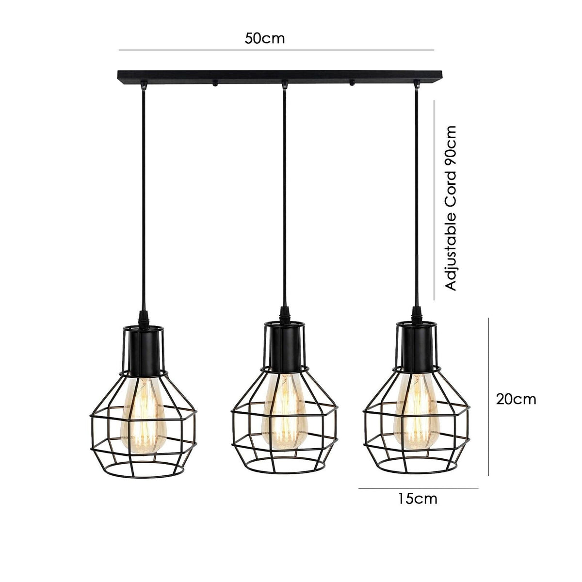 3 Light Pendant Light Height Adjustable, E27 Ceiling Lights Metal Square Plate Hanging Lights for Dining Room, Coffee Shop ~ 5706-2