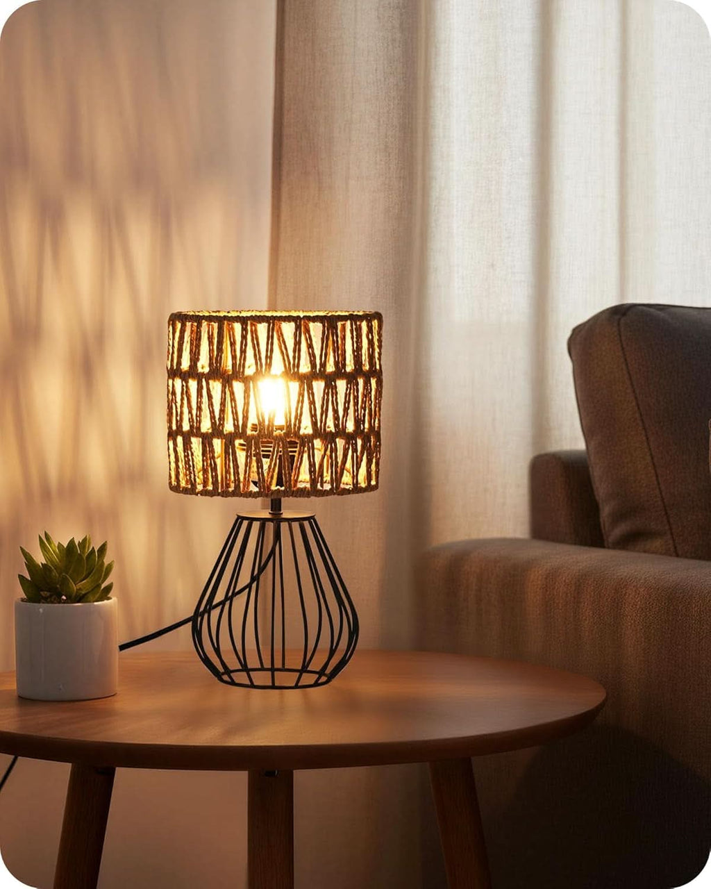Small Black Boho Bedside Lamp Handwoven Shade Black Metal Base-2