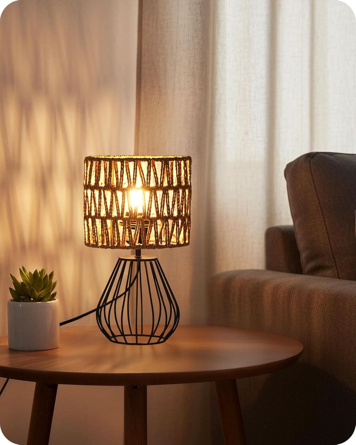 Small Black Boho Bedside Lamp Handwoven Shade Black Metal Base-2