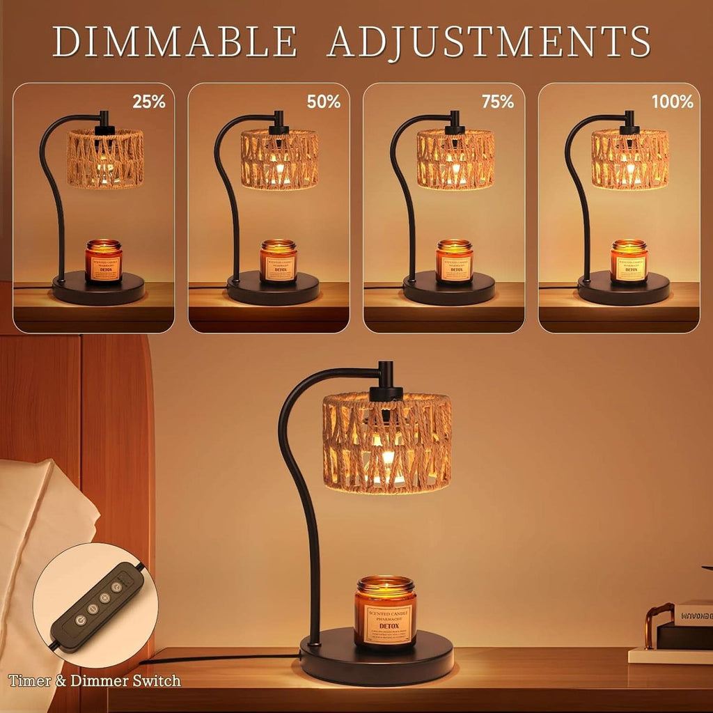 Candle Warmer Lamp With Fully Dimmable Rattan Shade-2