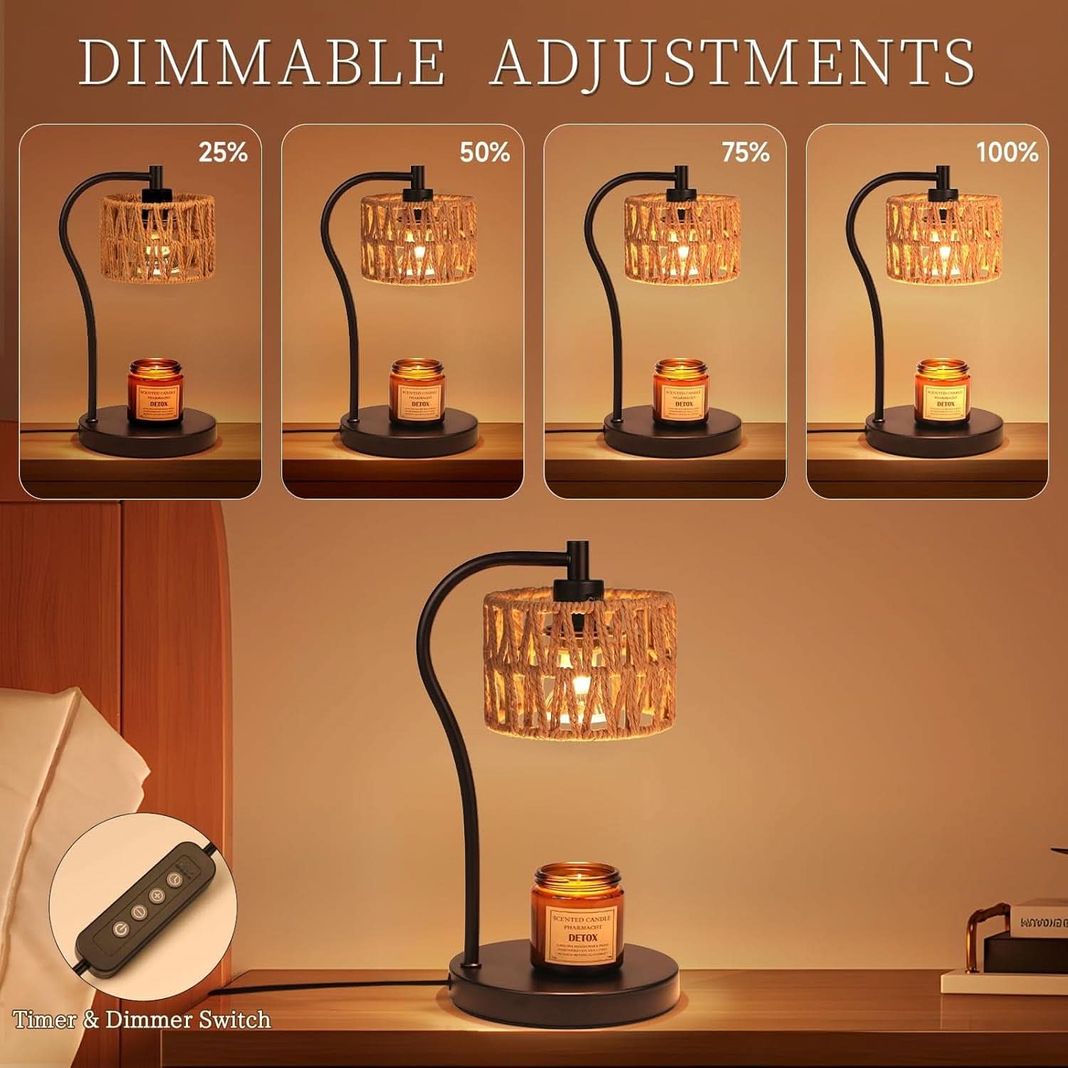 Candle Warmer Lamp With Fully Dimmable Rattan Shade-2