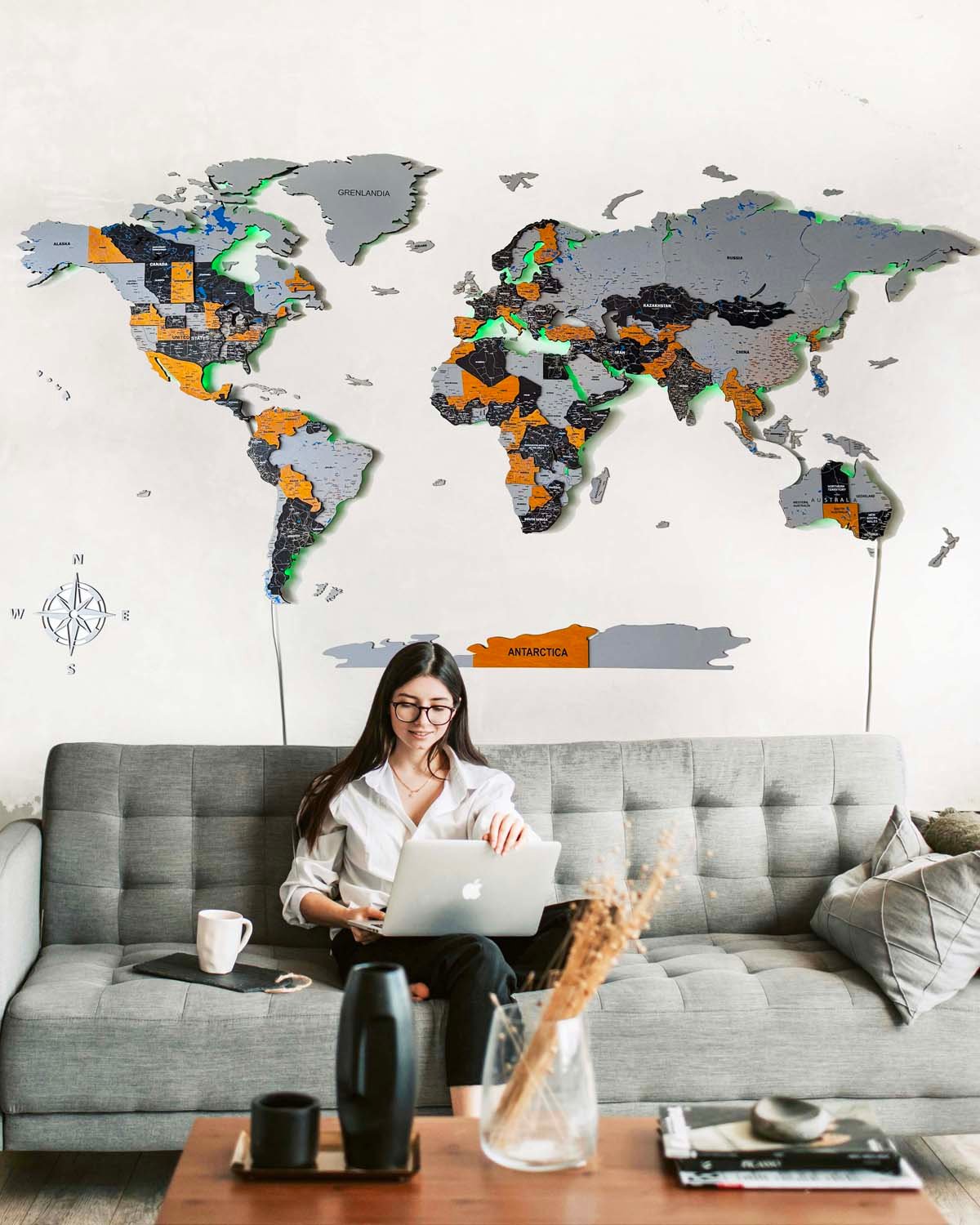 Wooden World Map Illuminated LED 3D Premium Birdywing®-0