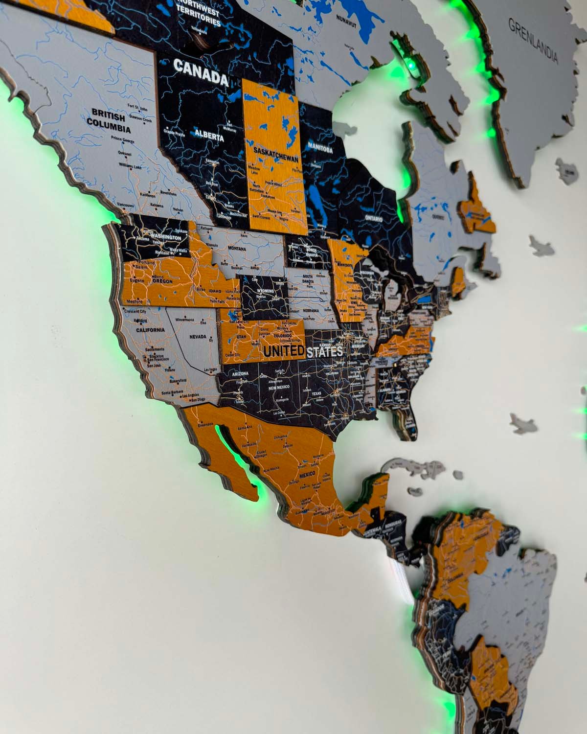 Wooden World Map Illuminated LED 3D Premium Birdywing®-1