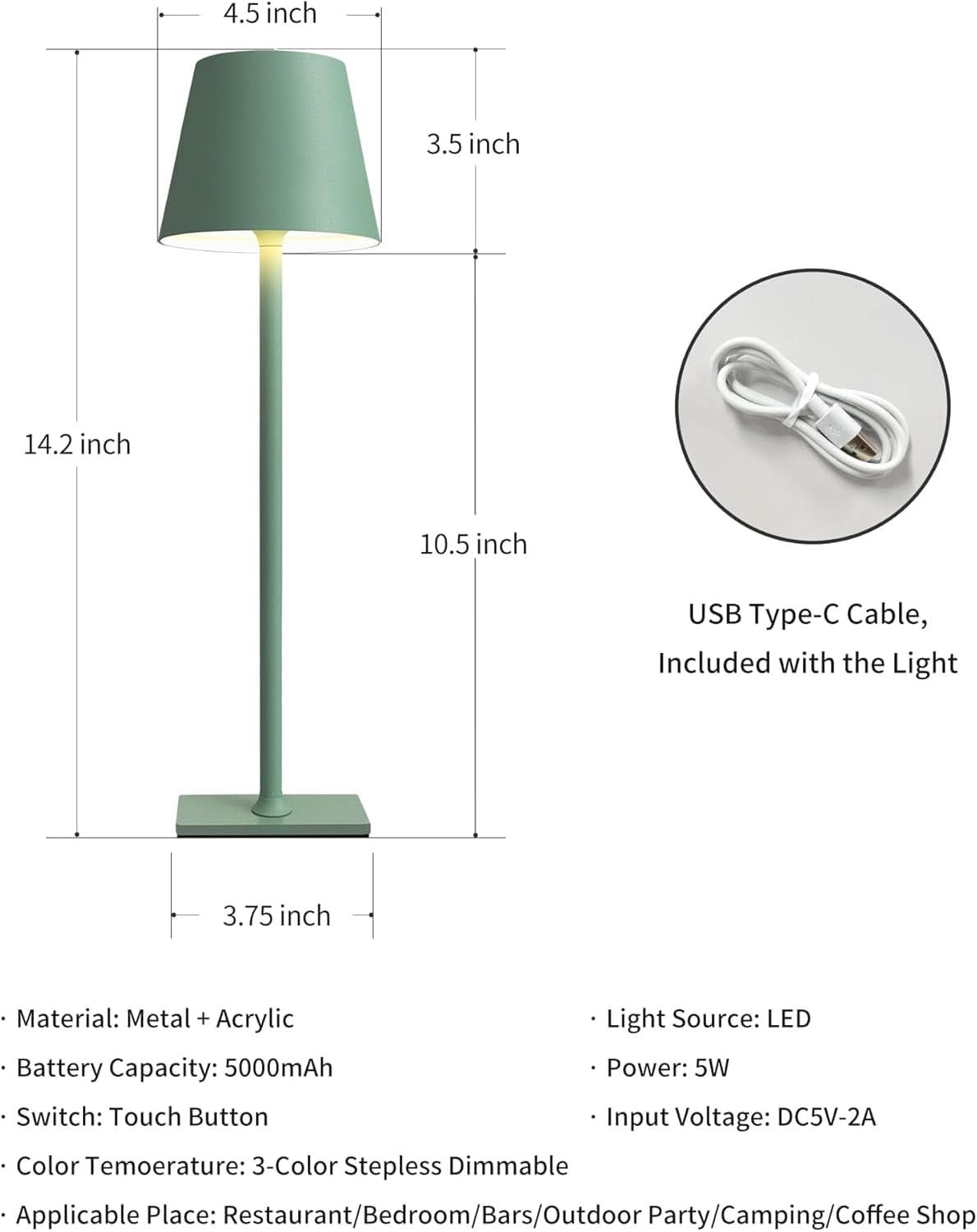 Two Pack Cordless LED Table Lamp 5000mAh Battery Portable Dimmable Green Desk Lamp With 3 Color Temperatures-4
