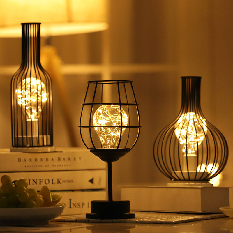 LED Iron Art Night Light with Wine Cup and Vase Decor