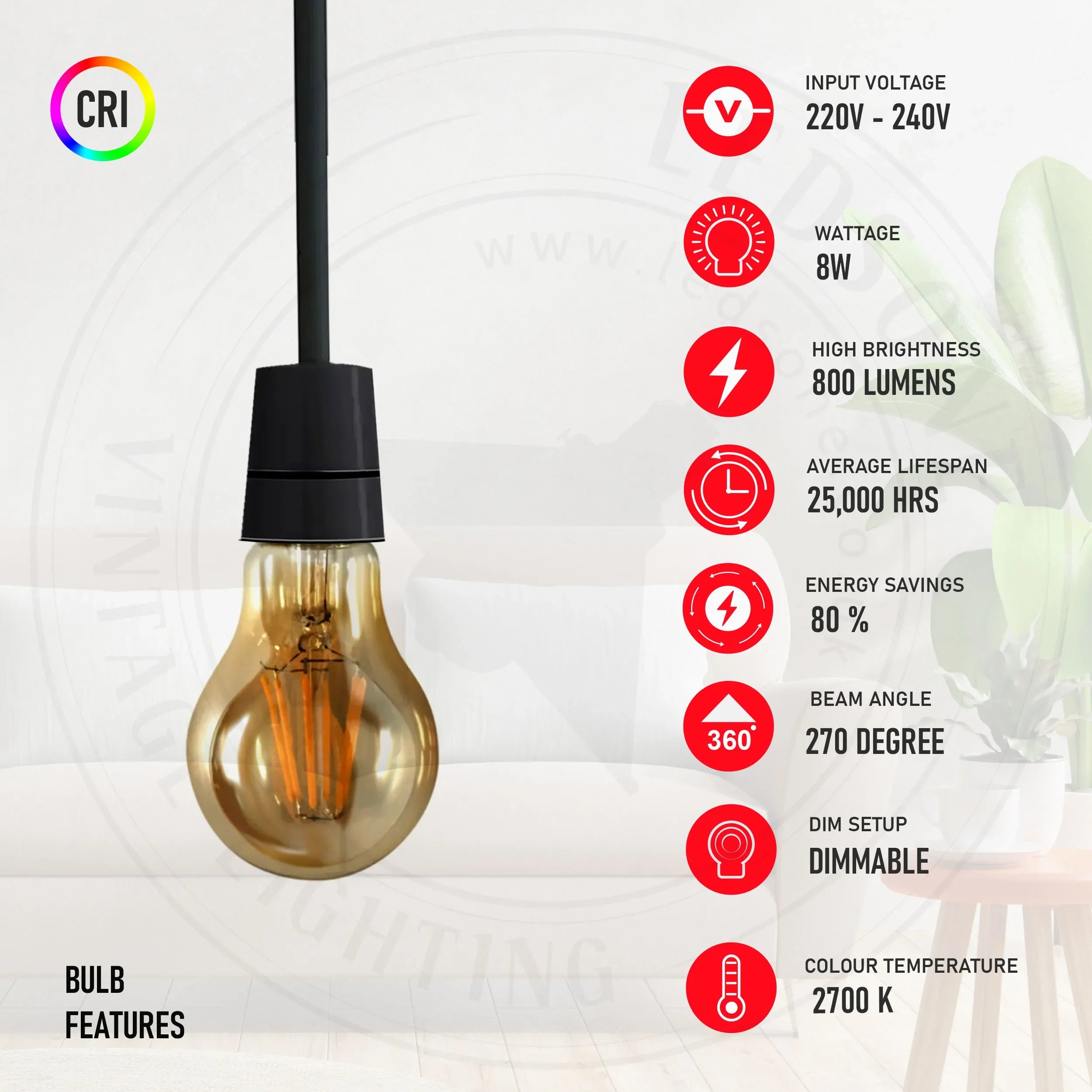 Dimmable led light filament Amber Warm white bulb_E27 A60 8W~4419-2