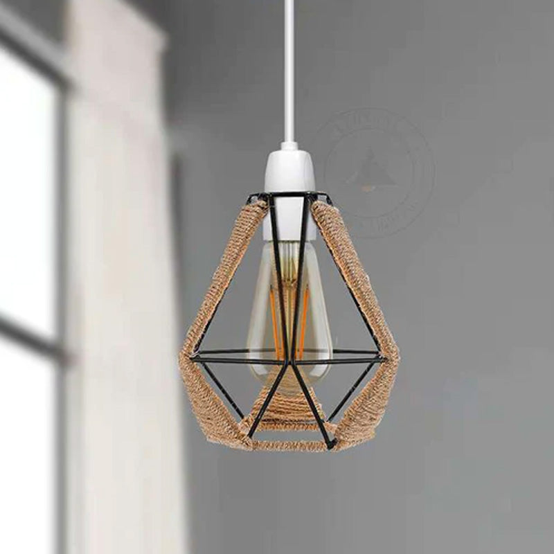 Diamond Shape Geometric Metal Cage Lampshade with Hemp Rope Detail ~4584-0