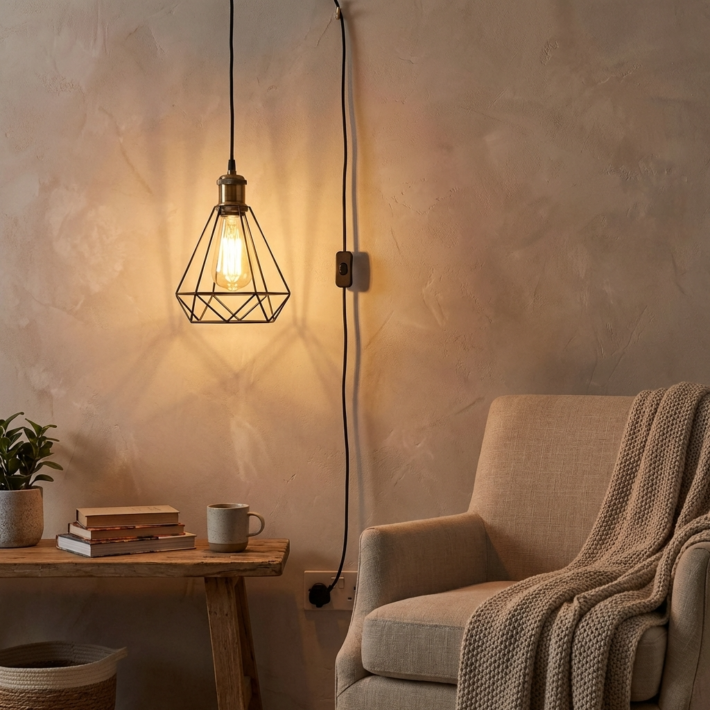 Plug In Pendant Light | Black Diamond Wire Cage | 4M Cord & Inline Switch ~6221-2