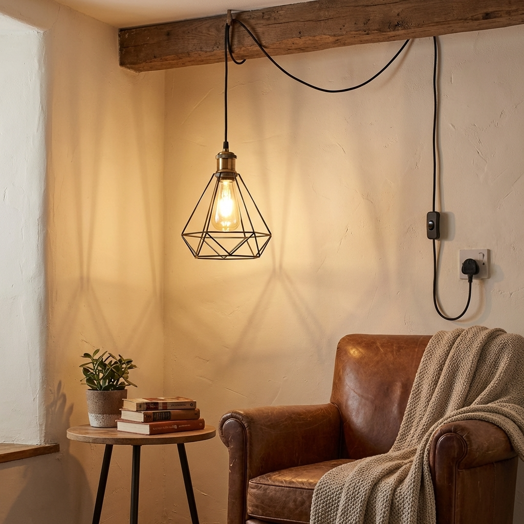Plug In Pendant Light | Black Diamond Wire Cage | 4M Cord & Inline Switch ~6221-4